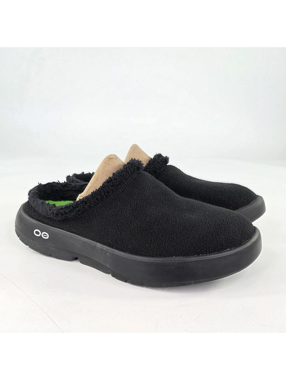 Oofos Oocoozie Black Mule US 11.5 Mens Sherpa Fuzzy Recovery Slippers